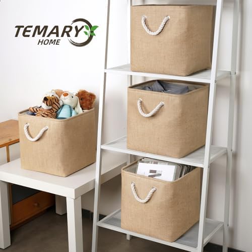 Temary Fabric Baskets 12 Inch Storage Cubes Basket, Clothes Baskets for Shelf, 4 Pack Large Storage Basket with Handles for Organizing Books, Blankets (Linen Yellow) - Image 6