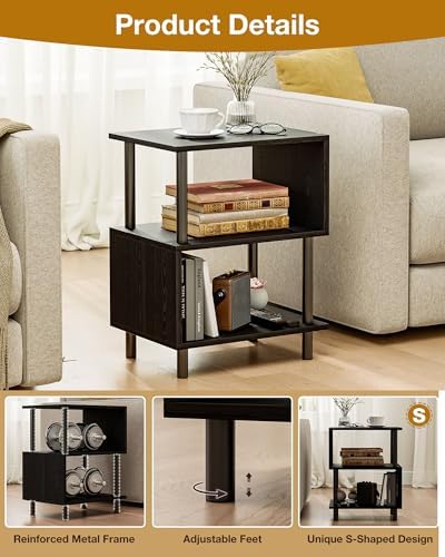 Frylr Side Table, Night Stand and End Table with Reinforced Metal Frame, 44 lb Capacity on Each Tier and Leveling Feet for Bedroom, Bedside, Living Room and Small Spaces, Black - Image 5