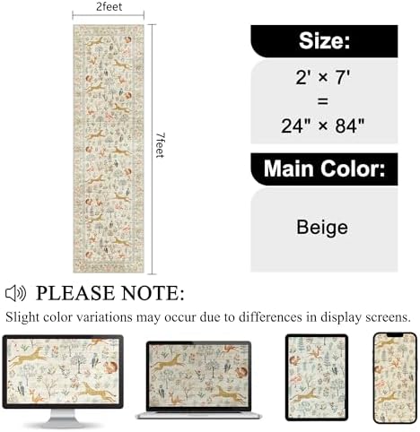 DUKINO 2x7 Runner Rug for Hallway, Washable Kitchen Rugs Non Slip, Beige - Image 2