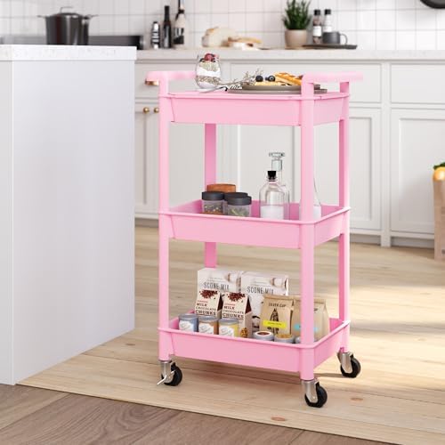 Steehoom 3-Tier Utility Rolling Cart with Cover Top Board, Mobile Utility Cart with Lockable Casters Multi-Functional Storage Trolley for Office, Bathroom, Kitchen, Garden, Laundry Room (Pink) - Image 5
