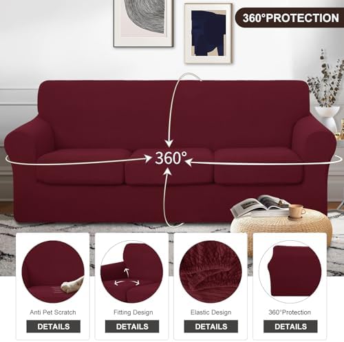 U-NICE HOME 4 Pieces Stretch Couch Cover Sofa Slipcover, Burgundy - Image 4