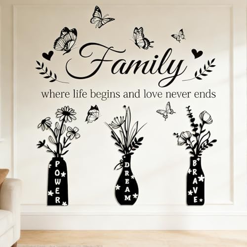Family Where Life Begins and Love Never Ends Wall Decal - Inspirational Quote with Floral Vase & Butterfly Stickers, Power Dream Brave Vinyl Wall Art for Living Room, Entryway, Farmhouse Home Decor by Datesno