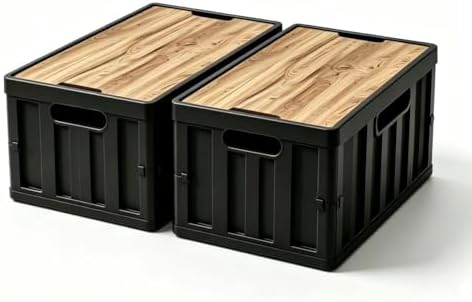 2 Pack 50L Black Storage Crate Wooden Lid Foldable Stackable Bin for Garage RV Car Camping by Unknown