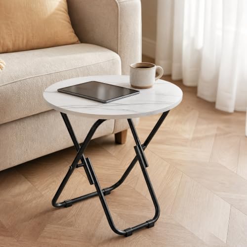 VECELO 17.7" Folding Table, Small Round Patio Outdoor Side Table, Foldable Wooden Table with Weather Resistant Steel Frame, Patio Table for Camping Picnic Garden Living Room Bedroom - Image 6