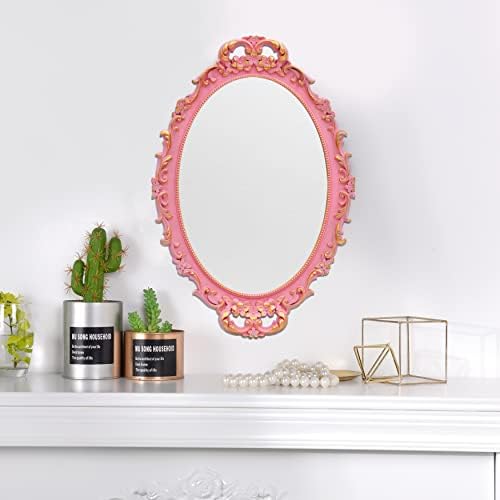 Tstarer Vintage Decorative Pink Framed Mirror, Wall Hanging Mirrors & Tabletop Tray for Bedroom Living Room Dresser Decor, Oval- 9.6" W x 14.3" L (Pink) - Image 2