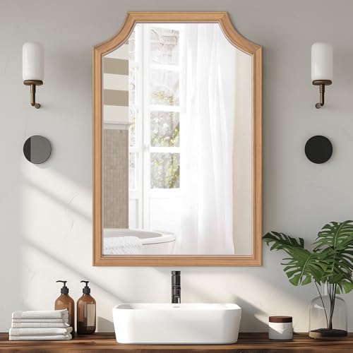 WallBeyond Scalloped Wood Mirror for Small Bathroom Vanity 20x30 Inch Rectangle Wall Mirror Decor for Hallway Bedroom Living Room Home (Honey-Colored) by WallBeyond