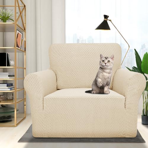 ZNSAYOTX 1 Piece Jacquard Chair Slipcovers for Living Room High Stretch Chair Covers with Arms Anti Slip Pets Friendly Couch Sofa Armchair Cover Furniture Protector (Chair, Light Beige) - Image 2