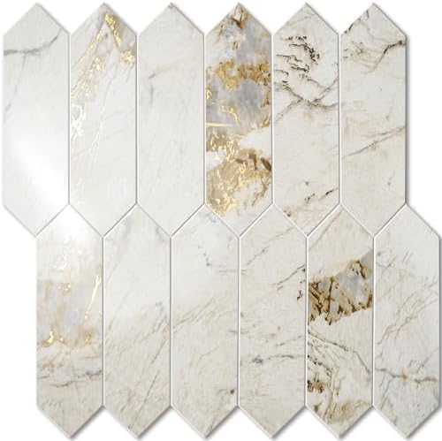 Vamos Tile Glossy Pandora Marble with Gold Veining Backsplash Tile Peel and Stick, 12.8 x 12.8 Inch 10 Sheets Long Hexagon PVC Self Adhesive Mosaic Tiles Stick on Backsplash for Kitchen and Bathroom by VamosTile