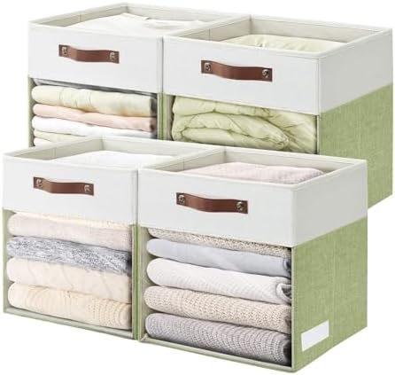 Bagnizer Storage Cubes, 4 Pack Linen Foldable Storage Bins with Clear Window and 2 Handles, 13x15x13 for Shelf Closet, Kallax, Clothes, Books - Green/Off-White by Bagnizer