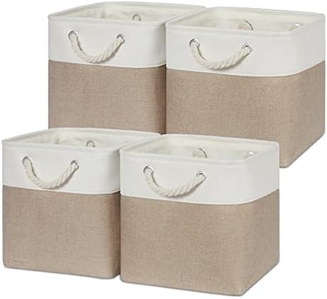 Temary Cube Storage Bins 11 x 11 Fabric Storage Baskets 4 Pack Storage Cubes Baskets for Gift Empty, Cube Organizer Bins Cloth Basket for Storage (White&Khaki) by TEMARY