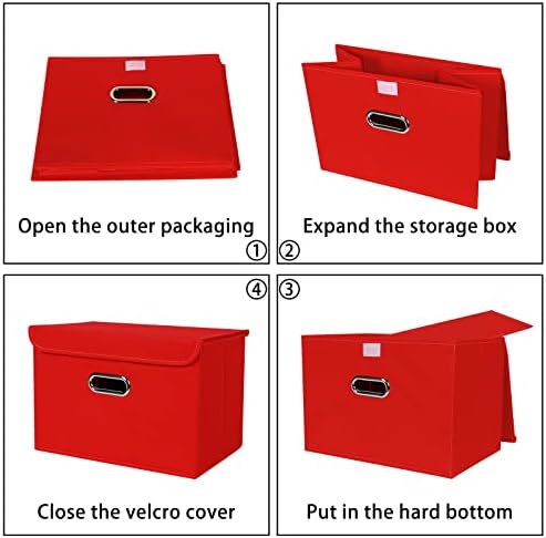 Linen Fabric Foldable Collapsible Storage Cube Bin Organizer Basket Fabric Storage Bins with Lid, Leather Handles, Removable Divider for Home, Closet, Red 3Pcs - Image 6