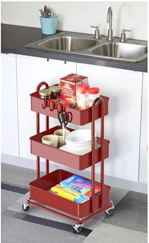 Simple Houseware 3-Tier Heavy Duty Metal Utility Rolling Cart, Red - Image 5