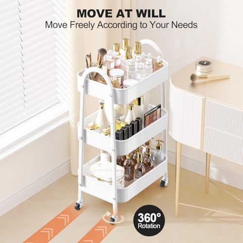 EAGMAK 3 Tier Rolling Cart Under Desk, Large Metal Storage Cart with Handle and Lockable Wheels, Big Multifunctional Storage Organizer Trolley for Kitchen, Living Room, Office, Garage (White) - Image 4
