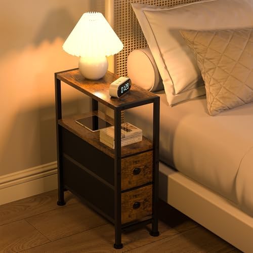 Small Narrow Side Table with Drawers, Skinny End Table for Small Spaces, Slim Nightstand with Storage, sofa bedside Table in Living Room, Bedroom, Study, kitchen and Balcony (Rustic Brown)M-LBZ83B1V1 - Image 6