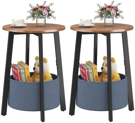 sthmec Small Round Side End Table Set of 2 with Cloth Storage Basket, Round Bedside Sofa Couch Coffee Tables for Small Places with Metal Frame, Modern Nighstands for Living Room Bedroom,Rustic Brown by Unknown