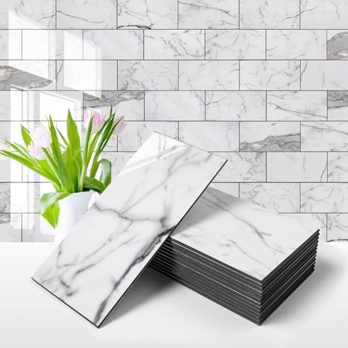 Vamos Tile 100-Piece Glossy Statury White Peel and Stick Backsplash Tile,3''x6'' PVC Subway Tile with Dark Gray Grout, Stick on Backsplash for Kitchen/Bathroom/Fireplace by VamosTile