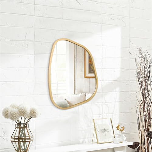 Asymmetrical Accent Mirror for Wall Irregular Oval Wood Frame Modern Unique Wall Mirror Decorative Vanity Bathroom Living Room Bedroom Entryway Hallway Artistic Mirror Small Gold 14"x10" - Image 2