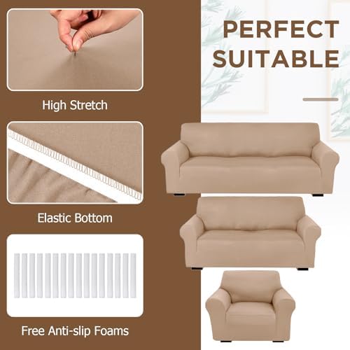 Peryiter 3 Pcs Couch and Loveseat Sofa Covers,Sand,Milk Silk - Image 4