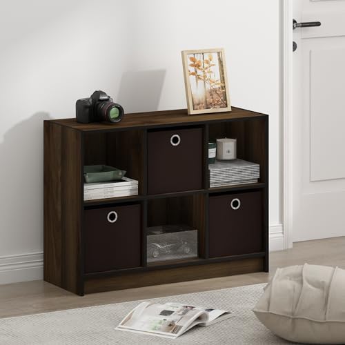 Furinno BASIC Book Shelf, 6-Cube Bookshelf with Open Shelf, 3 x 2 Bookcase with Storage Bins, Closed Back, Horizontal, 11.9 x 31.6 x 23.6, for Living Room, Bedroom, Home Office, Columbia Walnut - Image 2