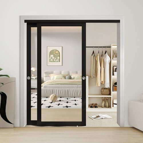 JUBEST 72" x 80" Mirror Closet Door, Preassembled One Side Mirror Door with Hardware Kit & Matching Fascia, Solid Wood Frame with Water-Proof PVC Surface, Easy to Install, Black by JUBEST