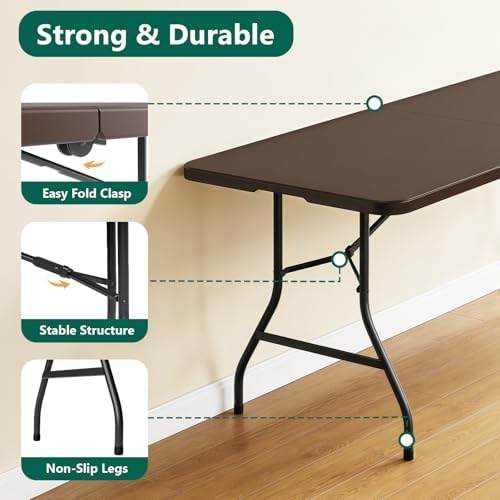 Folding Table 6FT Heavy Duty Plastic Table with Handle, Foldable&Portable, Fold-in-Half Utility Tables for Outdoor, Dining, Wedding, Events, Indoor, Picnic, Camping, Party,Brown - Image 5