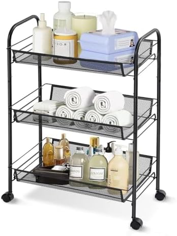 3 Tier Metal Rolling Storage Cart Movable, with Wheels, Hooks by facdiwok
