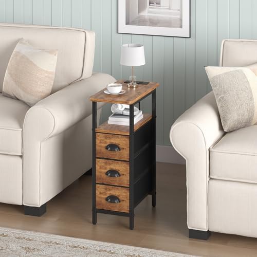 shtmec Narrow End Table Set of 2 with Charging Station, Side Tables Set 2 with Fabric Drawers, Small Bedside Tables Nightstands for Small Space, Slim Sofa Couch Table for Livingroom, Rustic Brown - Image 2