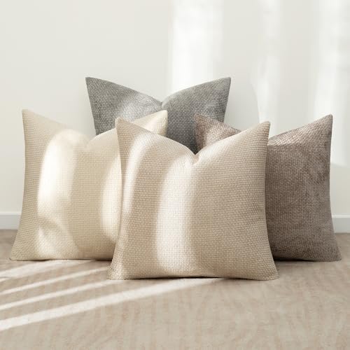 MIULEE Decorative Chenille Pillow Covers Neutral Beige 16x16 Pack of 4 - Image 3