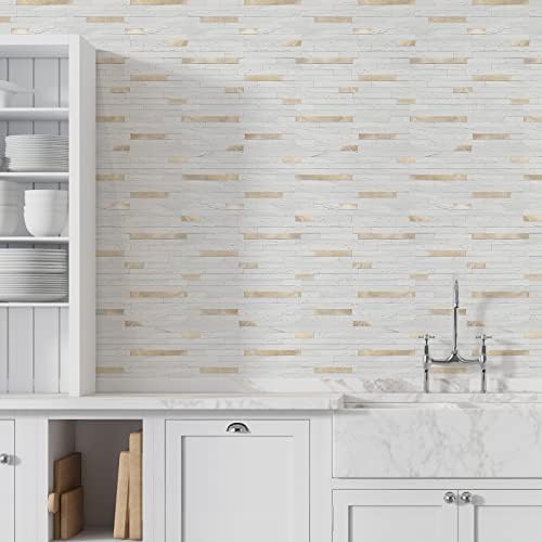STICKGOO 20 Sheets Peel and Stick Backsplash Tile, Stick on Backsplash for Kitchen and Bathroom, White Sandstone Look PVC Mixed Metal Gold Self Adhesive Wall Tiles - Image 2
