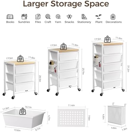 Rolling Cart with 4 Drawers, Plastic Drawer Storage Carts with Wheels & Wooden Tabletop, Metal Utility Cart with Pegboards, Office Living Room Classroom Craft Organization and Storage, Bright White - Image 3