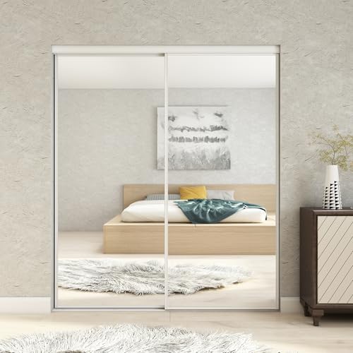 JUBEST Mirrored Closet Door 72 x 80, One Side Mirror Door with Top & Bottom Track Kits, Full Length White Steel Frame Sliding Mirror Closet Door, Easy to Install - Image 7