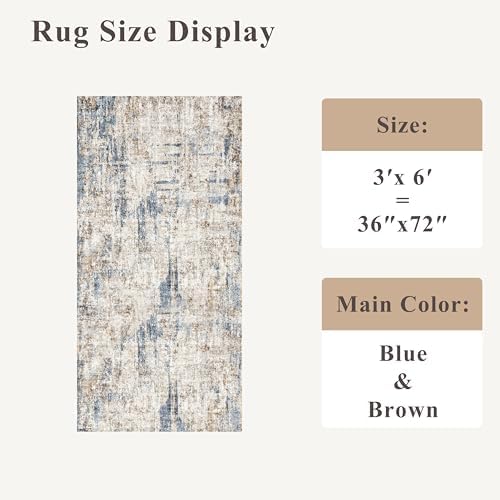3x6 Washable Non-Slip Kitchen Runner Rug – Modern Abstract Wide Floor Carpet Runner with Rubber Backing for Entryway, Hallway, Bathroom, Living Room, Low Pile Thin (Blue Brown) - Image 2