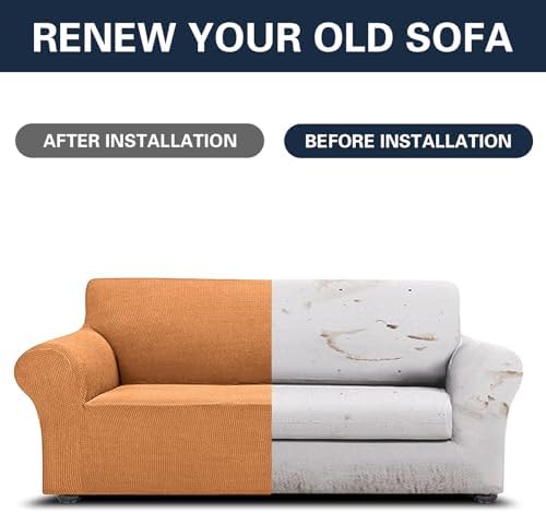 Cupuamon 2026 New Stretch Sofa Slipcovers Couch Cover for 3 Cushion Furniture Protector Sofa Covers with Elastic Bottom Jacquard Fabric Small Checks for Pets, Kids -Sofa, Golden - Image 5