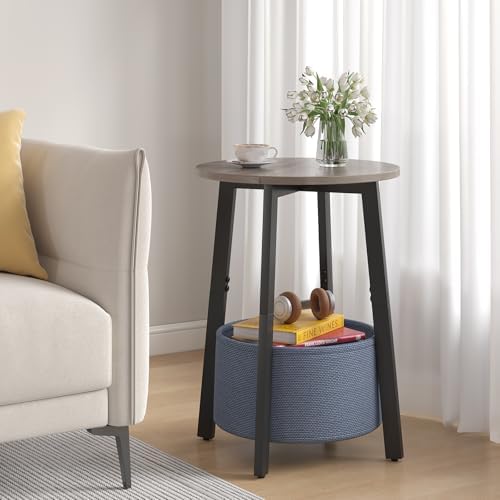 sthmec Small Round Side End Table Set of 2 with Cloth Storage Basket, Round Bedside Sofa Couch Coffee Tables for Small Places with Metal Frame, Modern Nighstands for Living Room Bedroom,Grey - Image 2