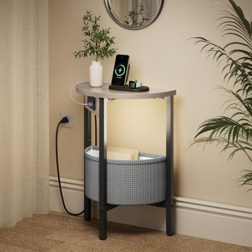 Vagusicc Round Side Table with Charging Station, Round End Table with Fabric Basket, Accent Table Coffee Table, Set of 2 Half Moon Tables, Bedside Table, Modern LED Nightstand for Living Room, Grey - Image 2