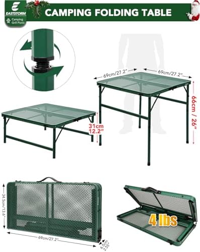 Square Folding Card Table with Adjustable Height (12" & 26"), Green Portable Metal Mesh Table for Camping, BBQ, Picnic, Game, Patio & Indoor Use, Fits 2–4 People, Lightweight 7.6 lb, Supports 66 lb - Image 3