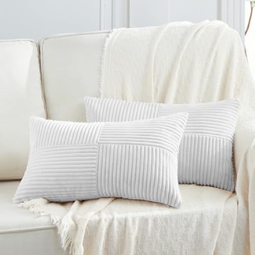 Fancy Homi 2 Packs White Long Lumbar Decorative Throw Pillow Covers 12x24 Inch for Couch Bed Sofa, Rustic Farmhouse Boho Home Decor, Soft Striped Corduroy Rectangle Accent Cushion Case 30x60 cm by Fancy+Homi