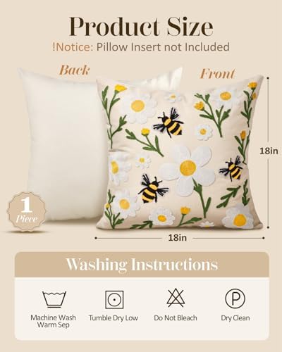 Embroidered Throw Pillow Cover 18x18 Inch, Flower Bee - Image 4