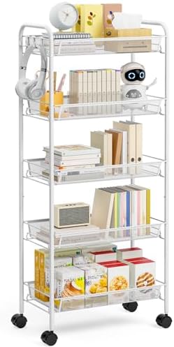 TOOLF 5 Tier Rolling Cart, Metal Utility Storage Cart with Wheels, White | 3 Hooks, Screwless Assembly, Trolley Organizer for Bathroom, Kitchen, Office, Nursery, Dorm, Laundry Room by TOOLF
