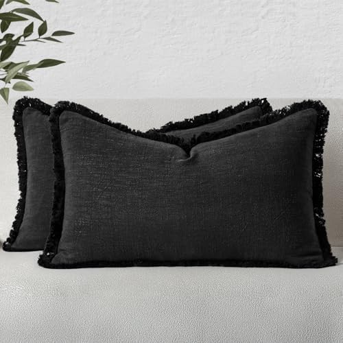 MIULEE Boho Linen Fringe Decorative Lumbar Throw Pillow Covers Black 12x20 by MIULEE