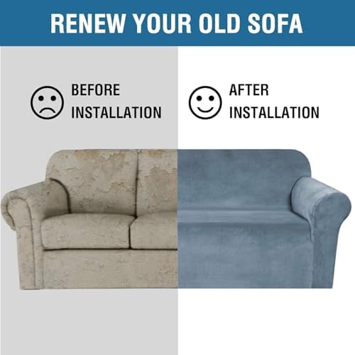 H.VERSAILTEX Stretch Velvet Sofa Covers for 3 Cushion Couch Covers Furniture Protector Soft with Non Slip Elastic Bottom, Crafted from Thick Comfy Rich Velour (Large Sofa 90"-97", Stone Blue) - Image 5