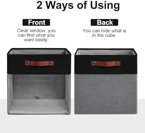 Bagnizer Storage Cubes, 4 Pack Linen Foldable Storage Bins (13 x 13 inch) with Clear Window and Handles, Fabric Organizer for Shelf Closet, Clothes, Books - (Gray and Black) - Image 7