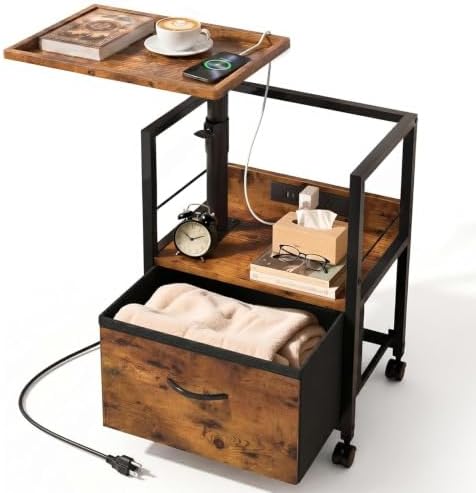 Faesun Swivel Lift Top Nightstand with Charging Station, Rolling Night Stand with Fabric Drawer, Adjustable Bedside Table for Bedroom, Living Room, Brown, Pro by Faesun
