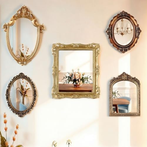 Wonderjune 5 Pcs Vintage Gold Mirror Set for Wall Decorative Resin Frame Ornate Antique Hanging and Tabletop Mirror for Home Dresser Gallery Decor Photography Props Gift (Ornate Style) - Image 6