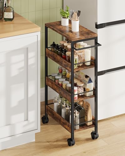 CHOEZON 4-Tier Slim Storage Cart, 9.1'' Kitchen Serving Trolley, Slim Rolling Cart with Handle and Guard Rails, Slim Cabinet for Small Spaces, for Dining Room, Rustic Brown and Black TTC03BF by Choezon