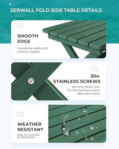 SERWALL Small Folding Side Table, HDPE Outdoor End Table, Green - Image 6