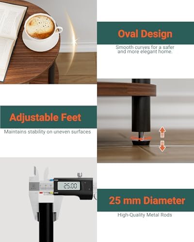 Small Round Side Table - 3-Tier Oval Accent Table for Small Spaces, Rustic Wood and Metal Nightstand for Living Room or Bedroom, with Built-in USB Ports and Power Outlet, Rustic Walnut - Image 3