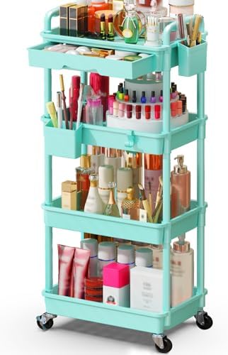 SUNALLY Makeup Cart Organizer with Drawer, 4 Tier Rolling Makeup Cart, Blue by SUNALLY