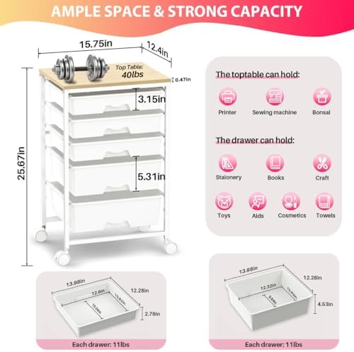 Goovilla Rolling Cart with 5 Drawers for Craft, Art, Dorm, Office, White - Image 2