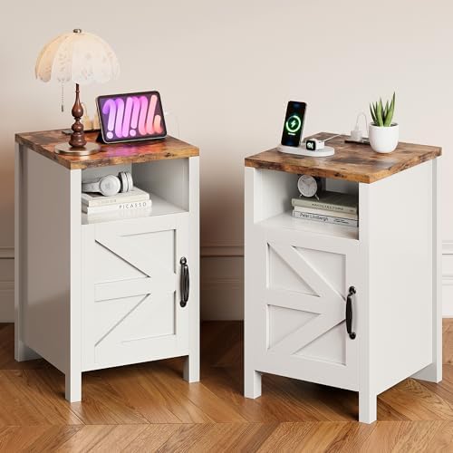 MXV Farmhouse Nightstands with Charging Station, End Tables Set of 2 with Barn Door, Sofa Side Table with Storage Space for Bedroom, Living Room (White) by Unknown